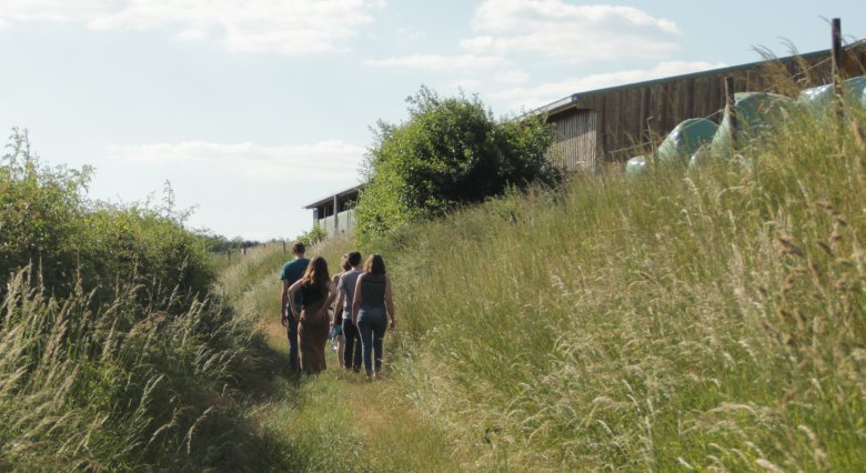 Photo repr&eacute;sentant un groupe de personnes de dos, marchant dans une ferme