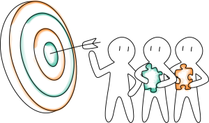 Personnage qui collaborent vers un objectifs (cible et pièce de puzzle).