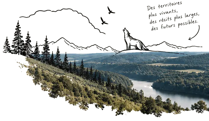 Une rivi&egrave;re traverse les for&ecirc;ts, prolong&eacute;es par des montagnes dessin&eacute;es, des oiseaux et un loup. Des territoires plus vivants, des r&eacute;cits plus larges, des futurs possibles.